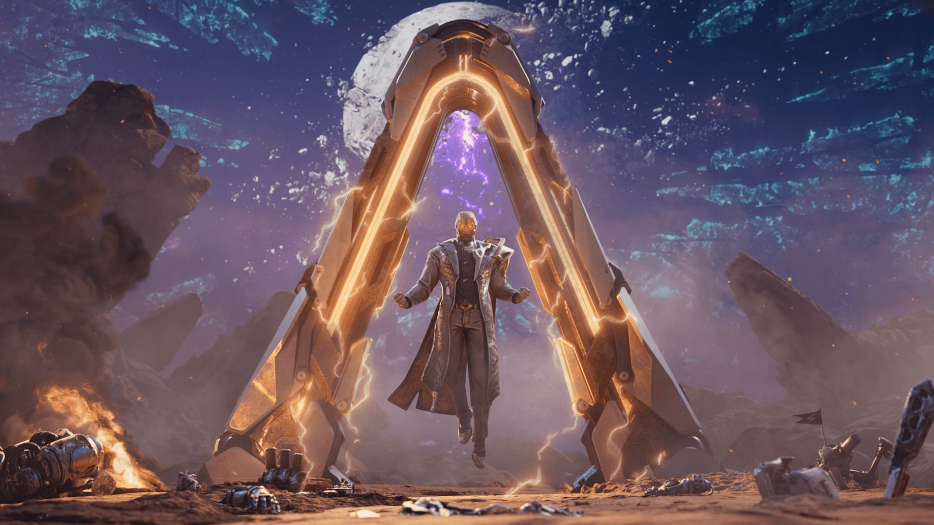 Borderlands 4 vault key fragment locations: The Timekeeper hovering in a large vault door, surrounded by rubble. 