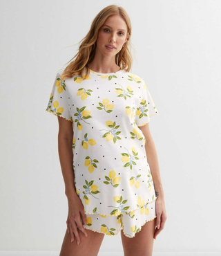 Maternity Yellow Ribbed Short Pyjama Set with Lemon Print