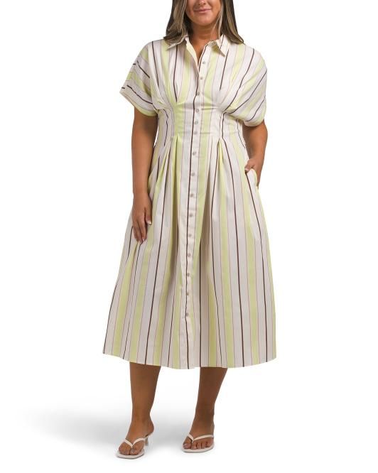 Nicole Miller, Striped Poplin Cinched Waist Shirt Dress