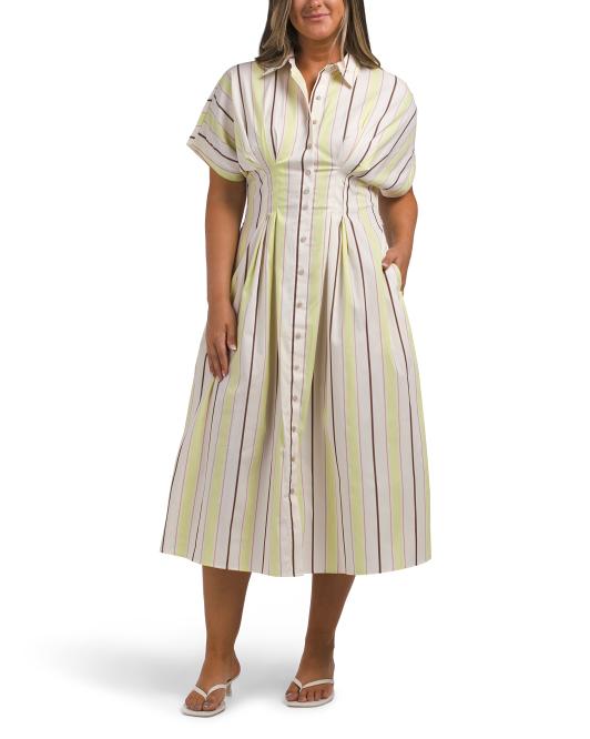 Nicole Miller, Striped Poplin Cinched Waist Shirt Dress