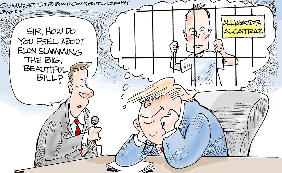 This cartoon features a smiling Donald Trump being interviewed by a man. The man asks him, “Sir, how do you feel about Elon slamming the Big, Beautiful, Bill?” Trump is imagining Elon Musk behind bars in a cell labeled “Alligator Alcatraz”.