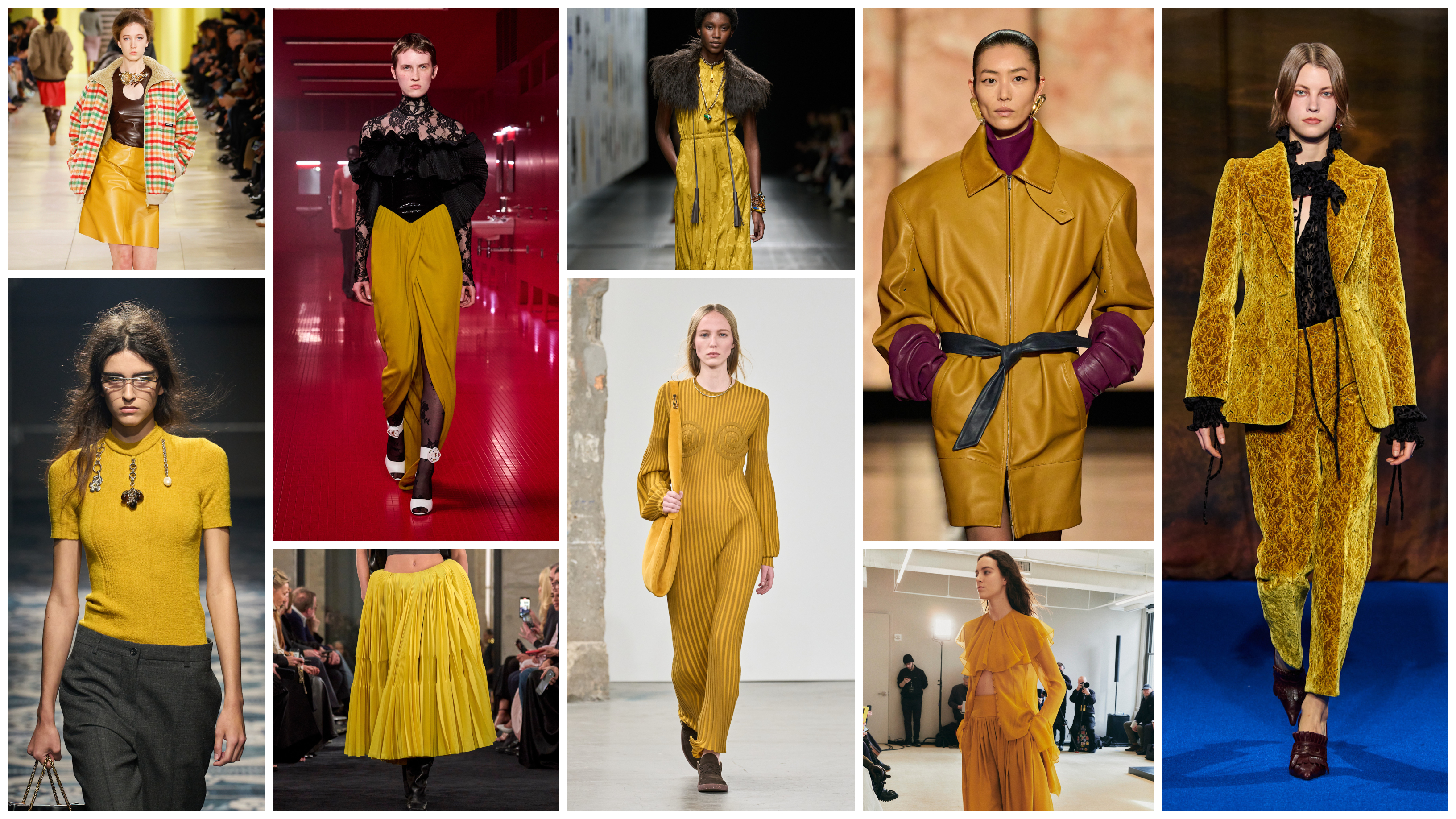 the fall 2025 mustard yellow color trend at Miu Miu, Prada, Valentino, Alaïa, Etro, Gabriela Hearst, Saint Laurent, Altuzarra, and Burberry.