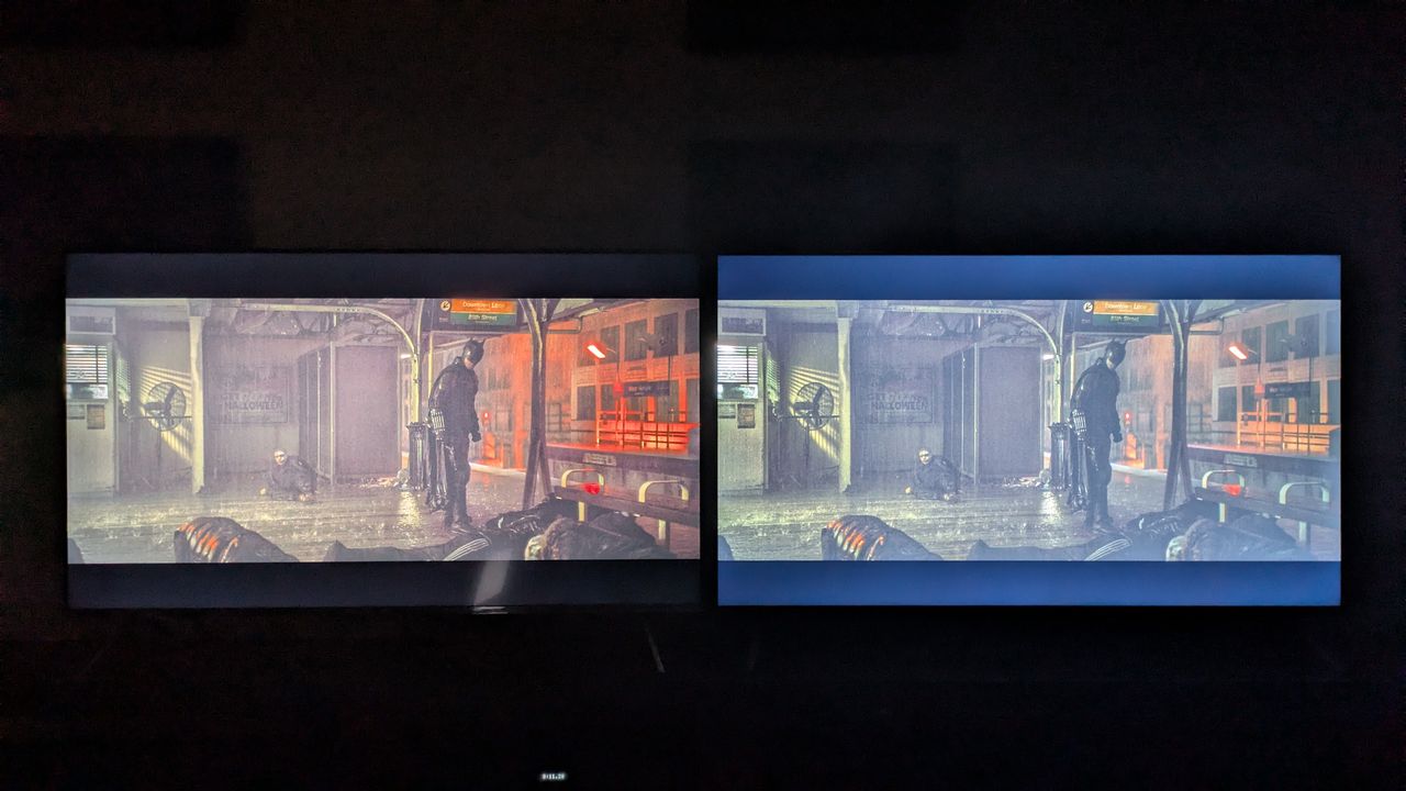 Amazon Ember QLED (left) and Amazon Ember 4-series (right) showing The Batman on screen, in a pitch black room. The 4-series shows a backlight clouding/bleeding effect while the QLED is more uniform