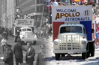 On the left, "Apollo 11 Astronauts" sign on a 1969 parade vehicle; on the right, a replica of the same in "Indiana Jones and the Dial of Destiny."