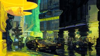 Concept art from Bladerunner showing a dark neon city