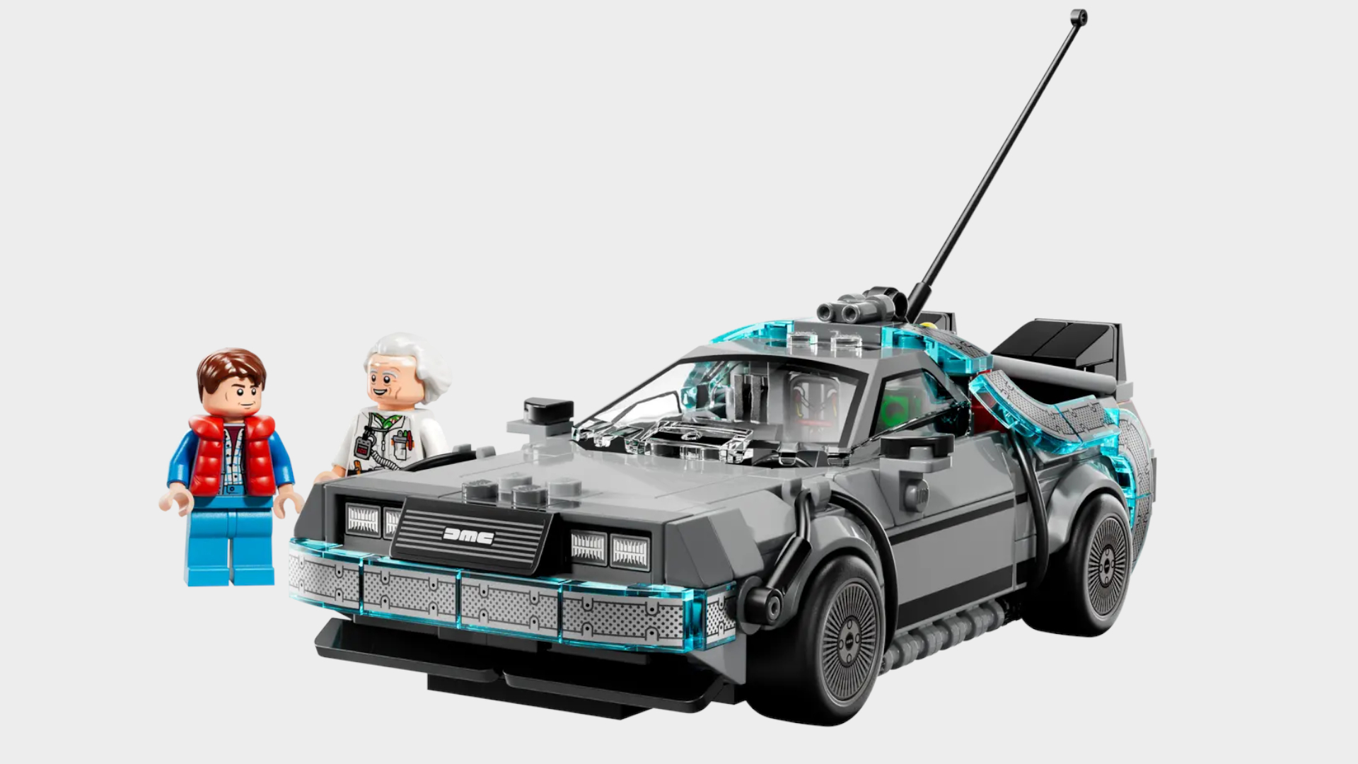 Lego Back to the Future DeLorean set and minifigures on a plain background