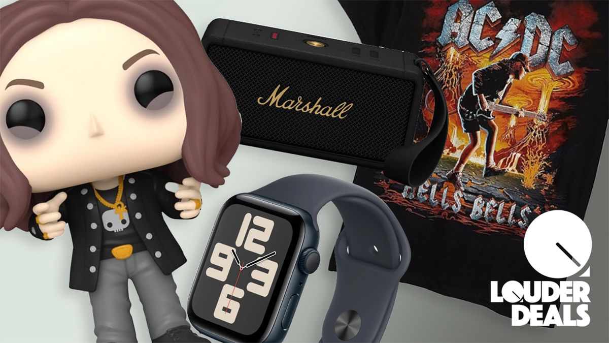 A montage of various products in the Presidents&#039; Day sales: A Funko collectable figure of Ozzy Osbourne, a Marshall Middleton speaker, an Apple Watch and an AC/DC t-shirt. The &quot;Louder Deals&quot; logo is on the bottom right-hand side.