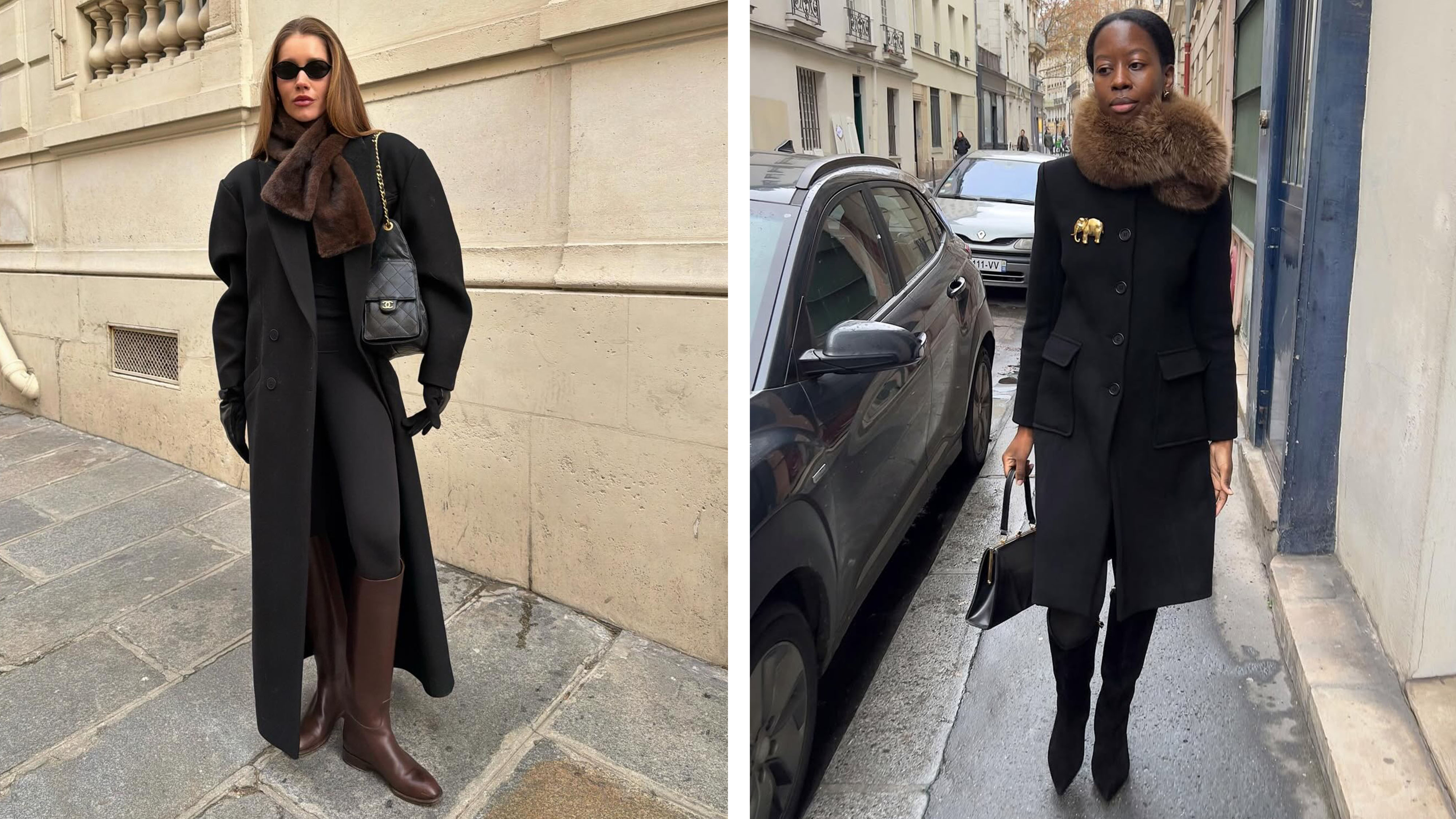 Women in Paris wearing black wool coats, knee-high boots, and faux-fur scarves