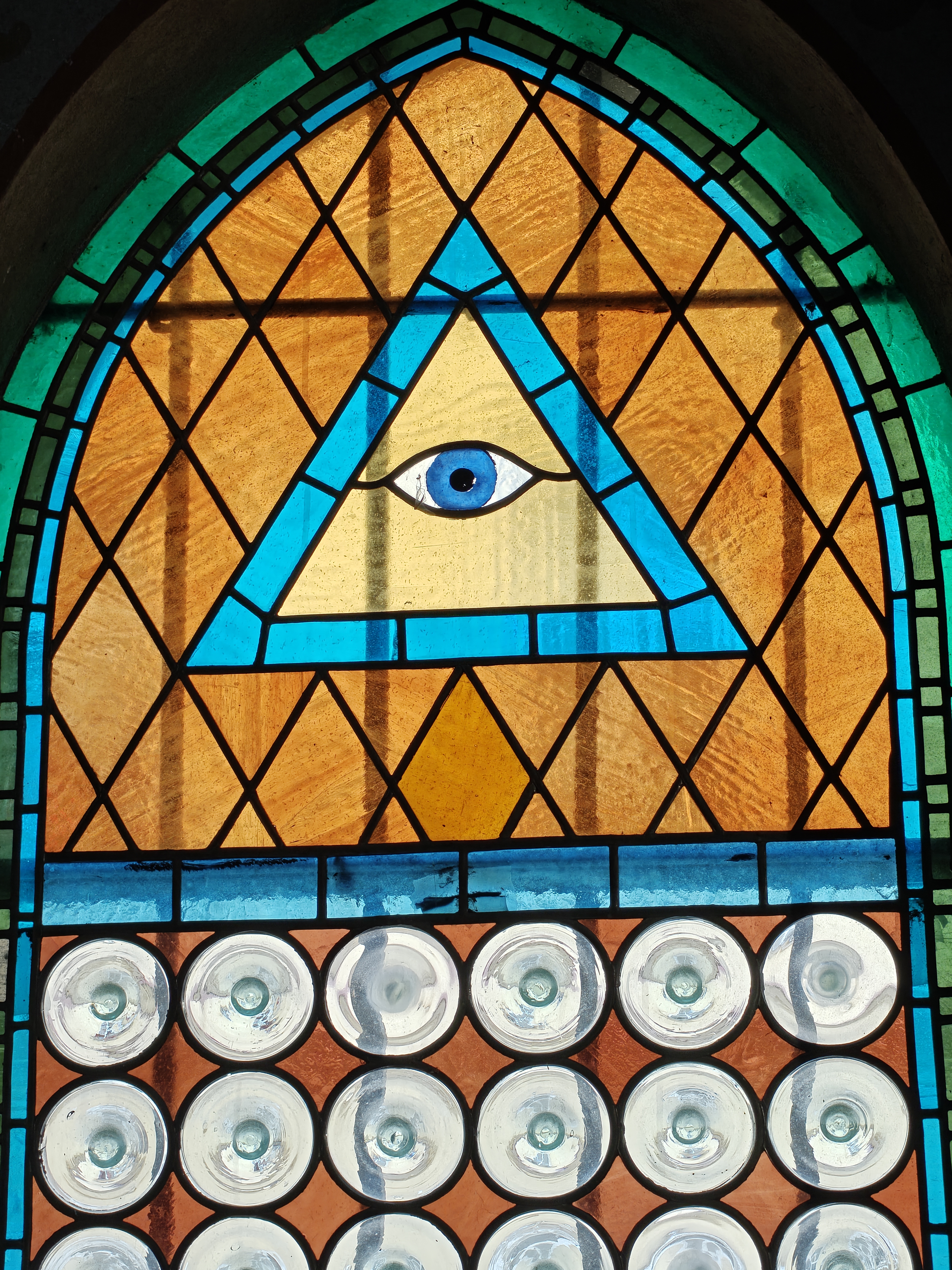 A stained glass window in a church