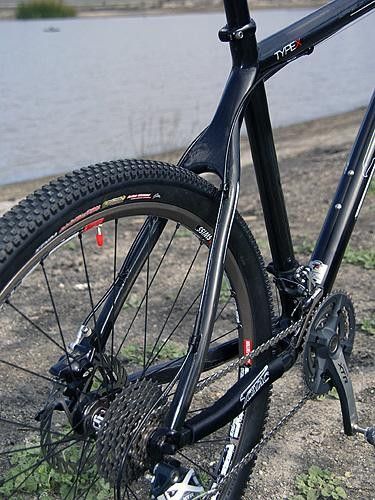 The carbon rear end features a clean-looking wishbone-style seat stay assembly and relatively short chain stays.