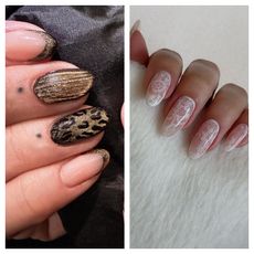 two hands with maximalist manicures with tiger stripe details and lace accents