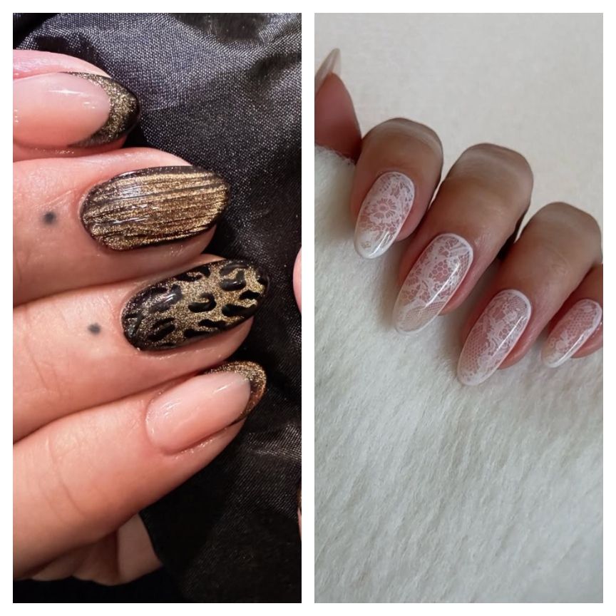 two hands with maximalist manicures with tiger stripe details and lace accents