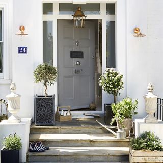 house entrance with grey door and flower plants