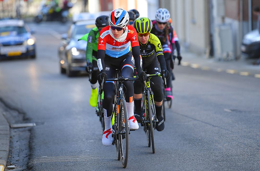 Christine Majerus leads the breakaway at Omloop Het Nieuwsblad