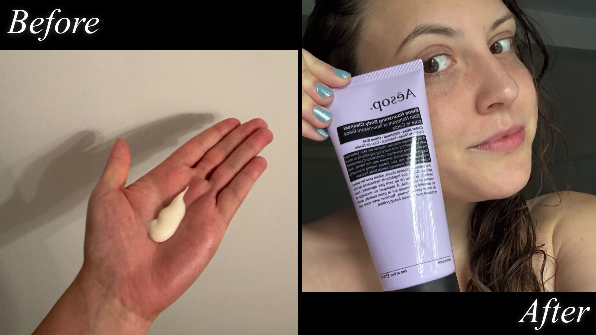 Contributing beauty writer Sophia Vilensky tests body wash with a photo of her hand and the product consistency and a photo of herself with the product.