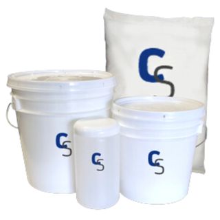 Three white tubs and a white bag of sodium sesquicarbonate with blue logo