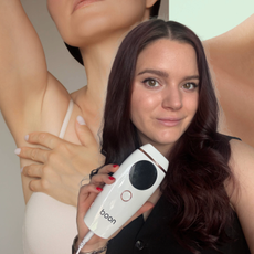 image collage of brooke knappenberger holding nood flasher 2.0 laser hair device with background of woman with her arm held up and close-up of shoulder
