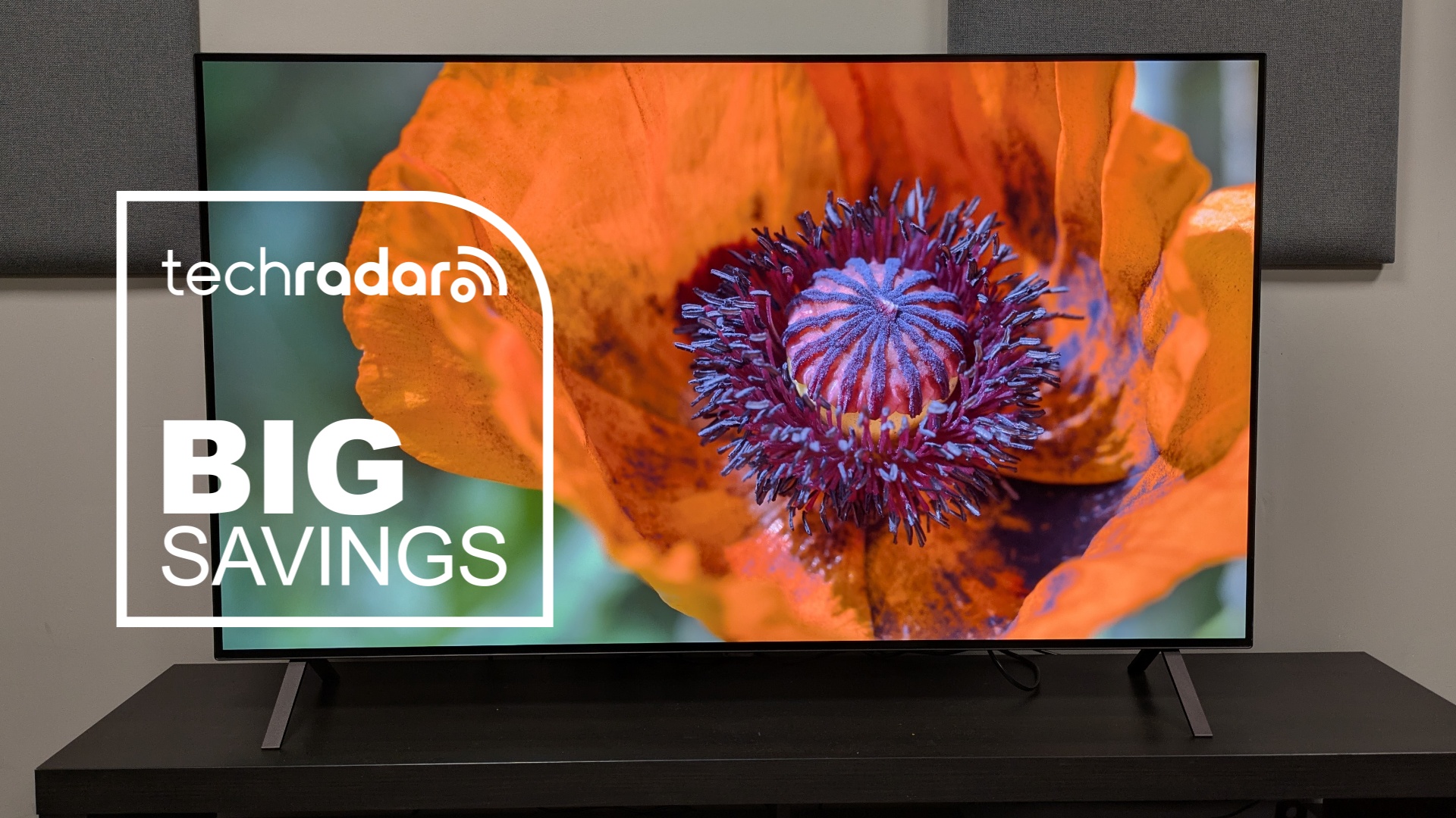 LG B5 OLED TV displaying picture of flower, with a techradar big savings text overlay