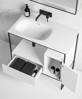 A black and white modern bathroom with open sink bathroom vanity storage