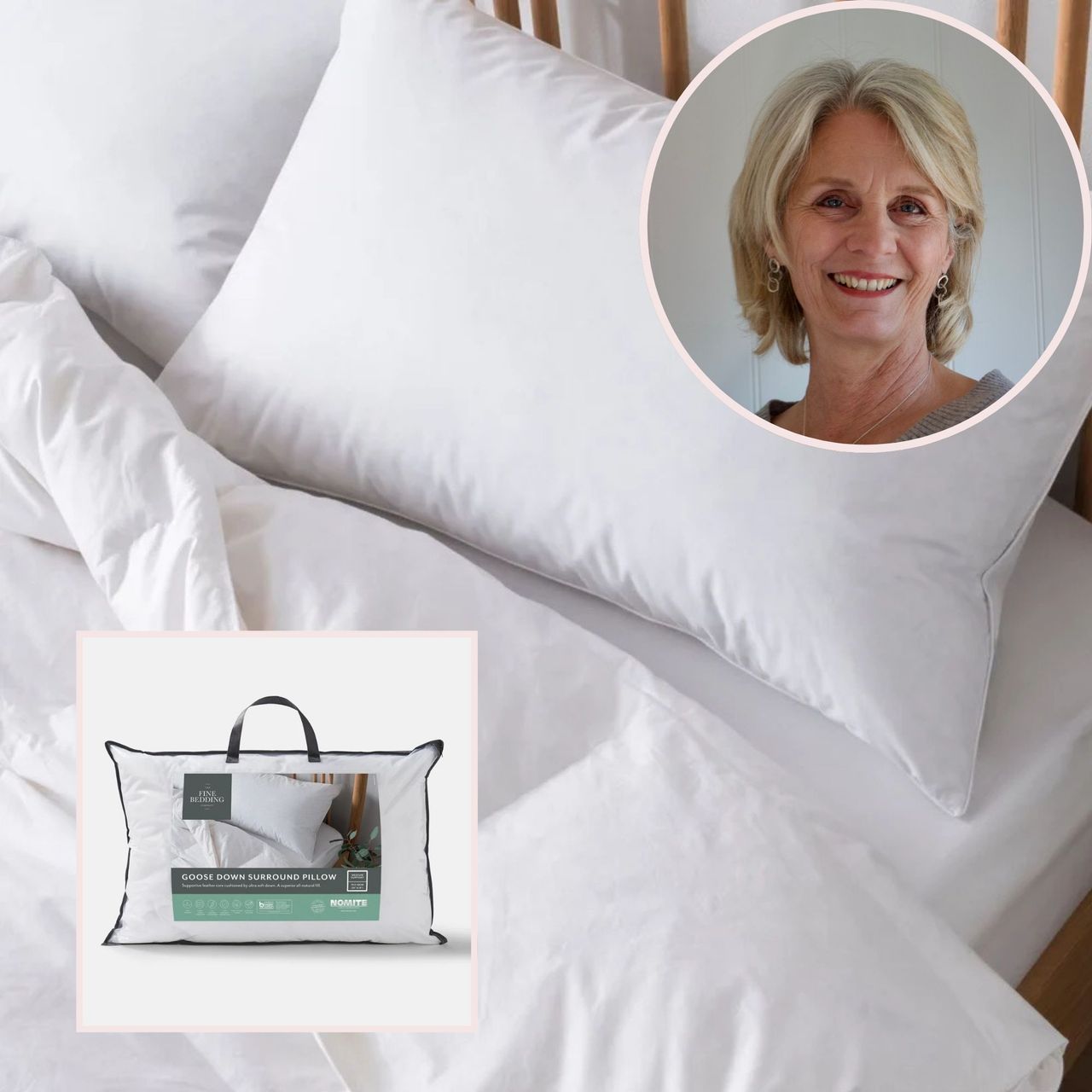 The Goose Down Surround Pillow from The Fine Bedding Company alongside a small image of the pillow in its packaging and a second small image of our tester