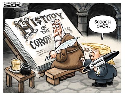 Political Cartoon U.S. History of coronavirus Trump rewrites history Sharpie responsibility