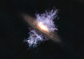 Artist’s illustration of a galactic wind driven by a supermassive black hole located in the center of a galaxy. The intense energy emanating from the black hole creates a huge flow of gas that blows away the interstellar matter that is the material for forming stars.