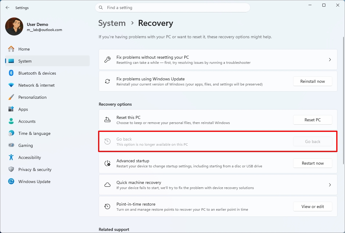Windows 11 Settings on the Recovery section highlighting the rollback option.