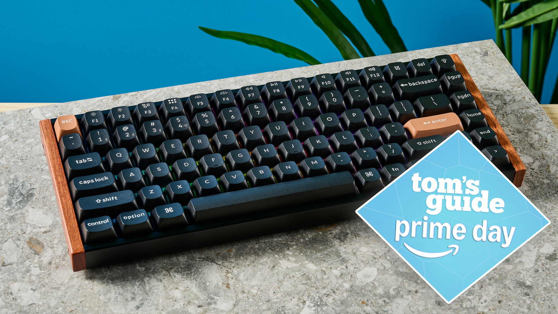 Keychron K2 HE on a stone surface with a Tom&#039;s Guide Prime Day badge in the lower right of the image.