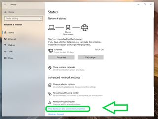 Windows 10 Network & Settings menu w/ view hardware and connection properties link highlighted