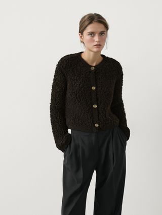 Bouclé Cardigan With Rhinestone Button