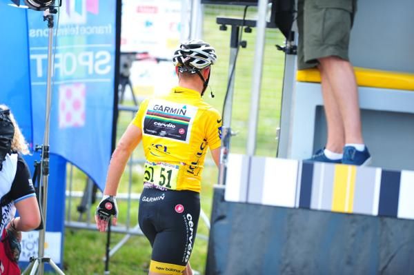 Thor Hushovd (Garmin-Cervelo) heads towards the podium after the finish.