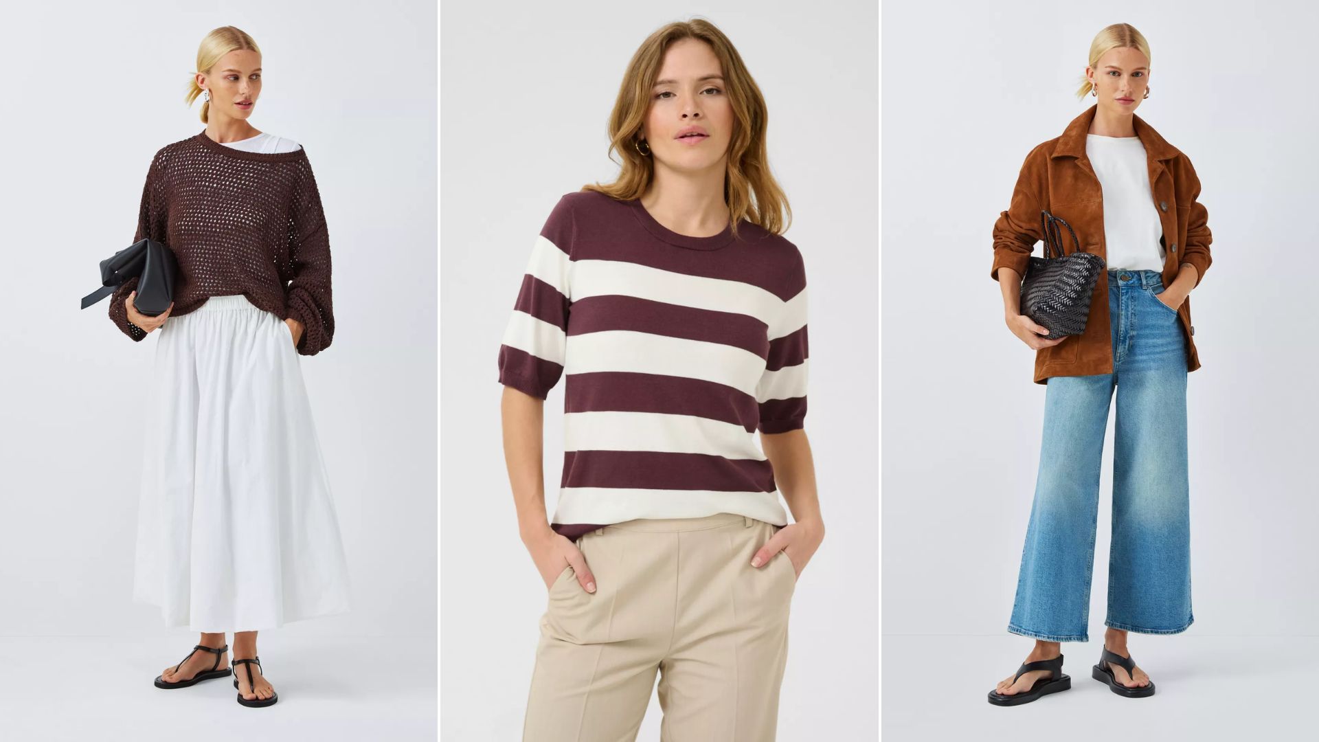 Three models wear different clothes from British clothing brand John Lewis