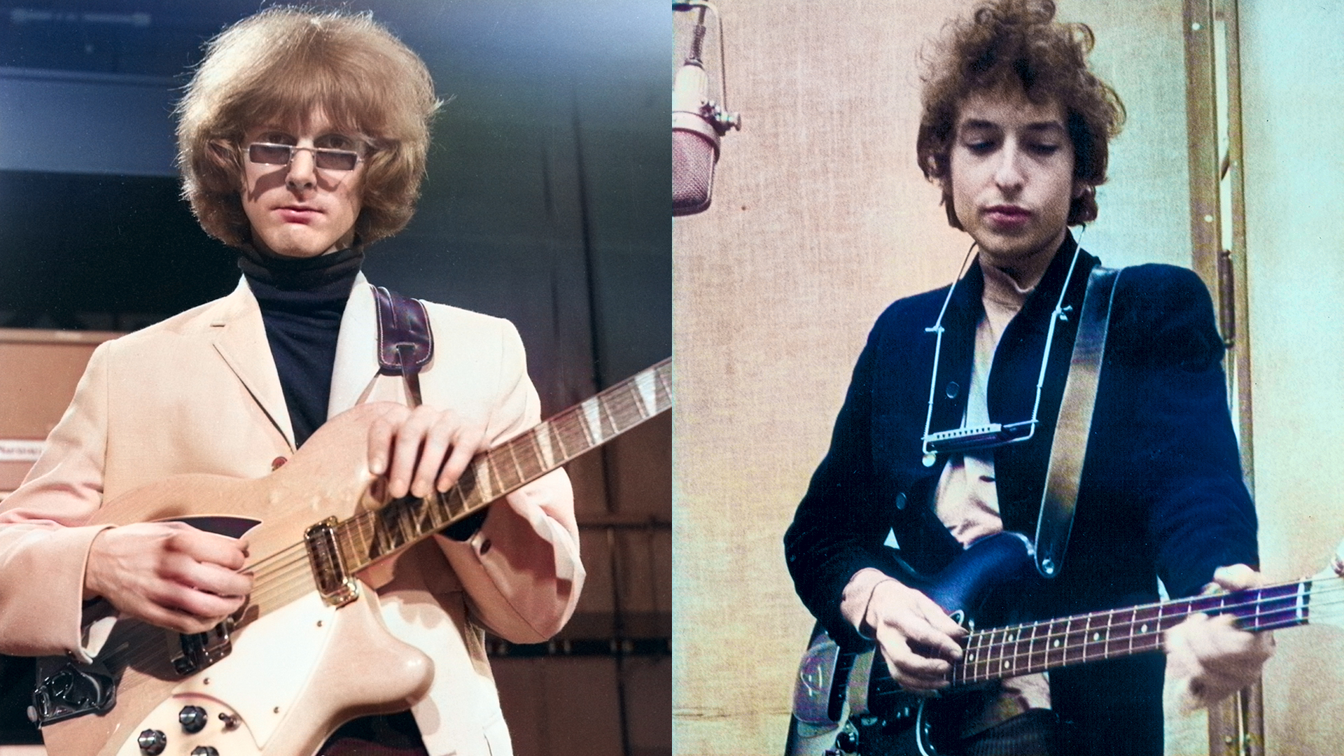 LEFT: Roger McGuinn on set for the band's performance on Ready Steady Go!, August 6, 1965, in London, United Kingdom. )RIGHT: NEW YORK - JANUARY 13-15: Bob Dylan plays a Fender Jazz bass with the harmonica around his neck while recording his album 'Bringing It All Back Home' on January 13-15, 1965 in Columbia's Studio A in New York City, New York.