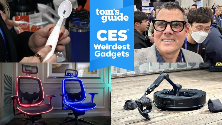 A composite shot of four images showing the weirdest gadgets Tom&#039;s Guide saw at CES 2025