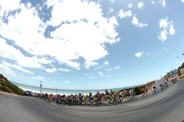 Blues skies and just a few clouds for the main peloton