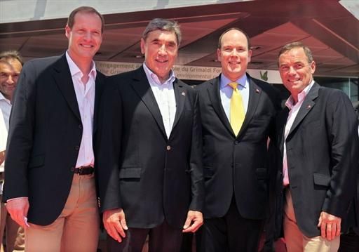 (L-R) Tour de France director Christian Prudhomme, Belgian cycling legend Eddy Merckx, Prince Albert of Monaco and French cycling legend Bernard Hinault in Monaco.