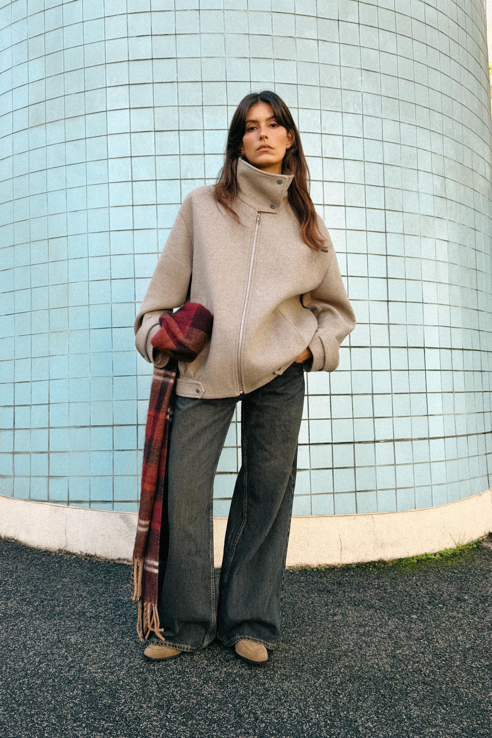 Wool Blend Bomber Jacket With High Neck