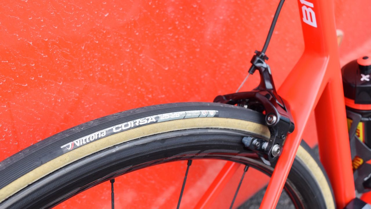 The 25mm Vittoria Corsa tubular gumwall tyres are popular in the WorldTour peloton