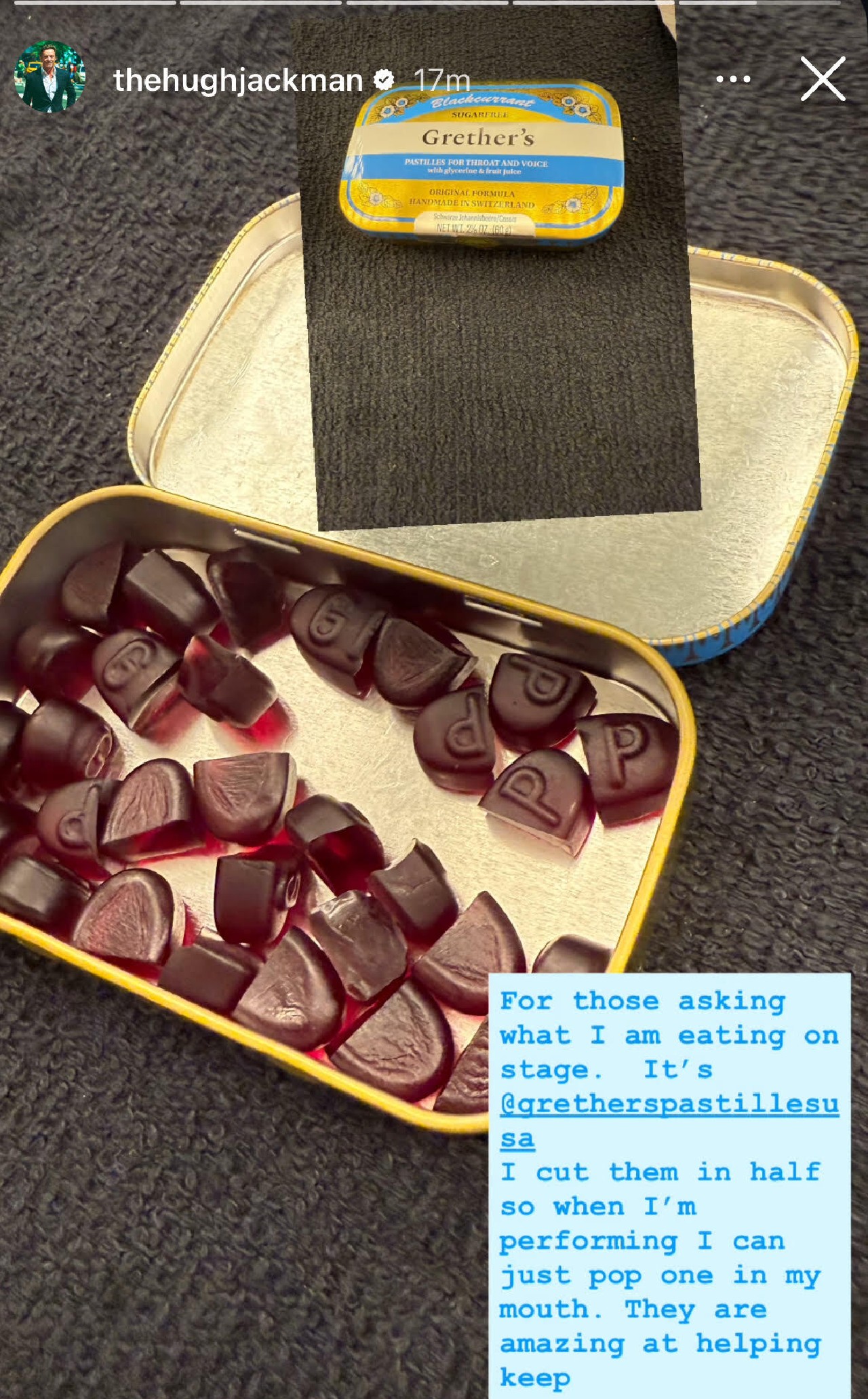 A tin of Hugh Jackman&#039;s opened Grether&#039;s Pastilles tin with halved pastilles and an explanation of what they are and how they protect his throat and voice.