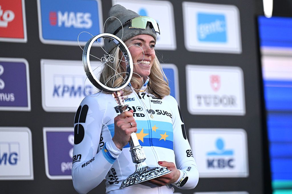 NIVONE, BELGIUM - FEBRUARY 28: Demi Vollering of Netherlands and Team FDJ United - SUEZ celebrates at podium as race winner during the 21st Omloop Het Nieuwsblad 2026, Women's Elite a 137.2km one day race from Ghent to Ninove / #UCIWWT / on February 28, 2026 in Ninove, Belgium. (Photo by Luc Claessen/Getty Images)