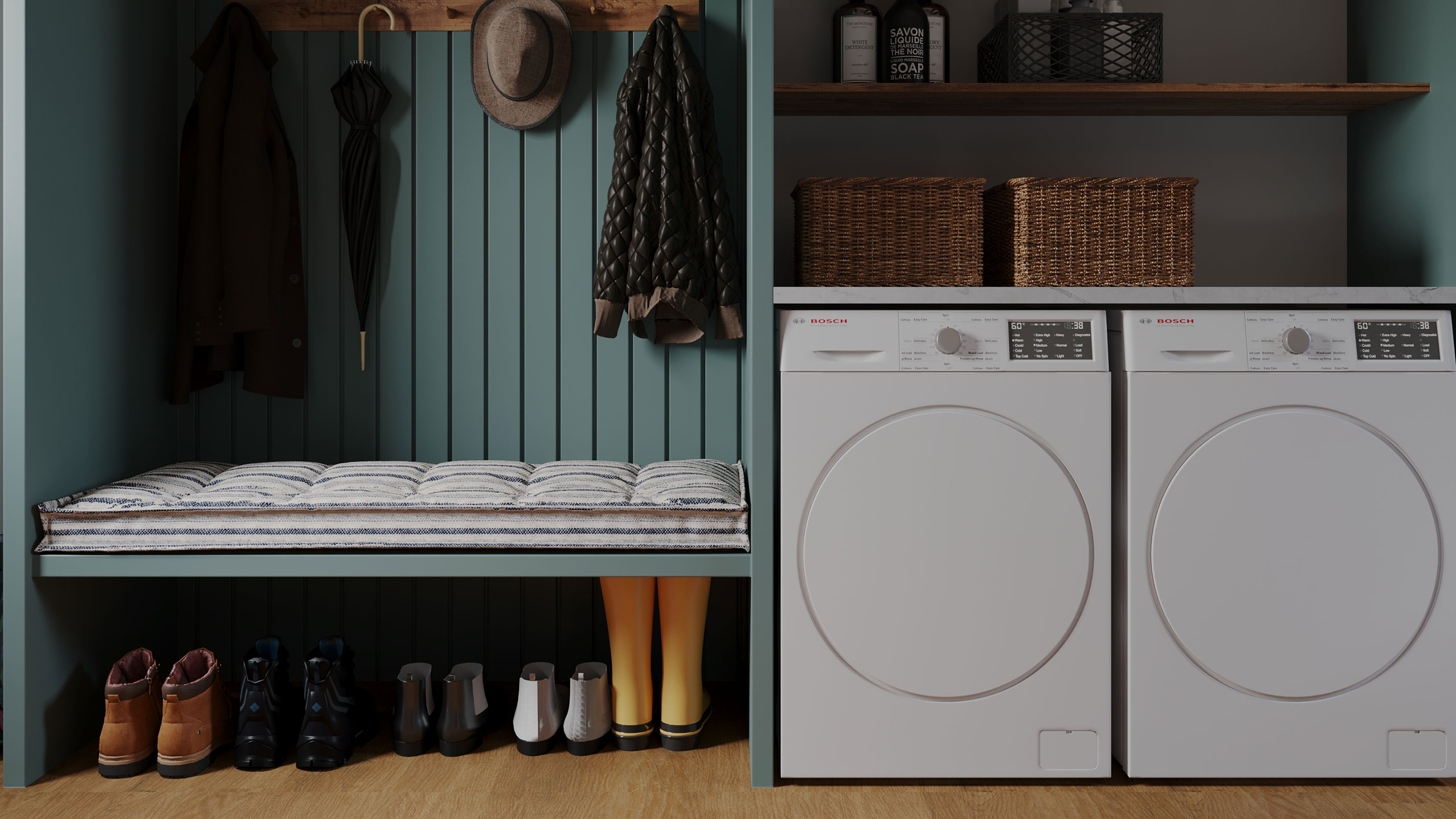 boot room with washing machine and tumble dryer