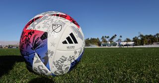 A general detail view of the MLS logo on the Adidas White 2023 MLS Speedshell Pro Ball during the MLS Pre-Season 2023 Coachella Valley Invitational match between D.C. United v LAFC at Empire Polo Club on February 6, 2023 in Indio, California.
