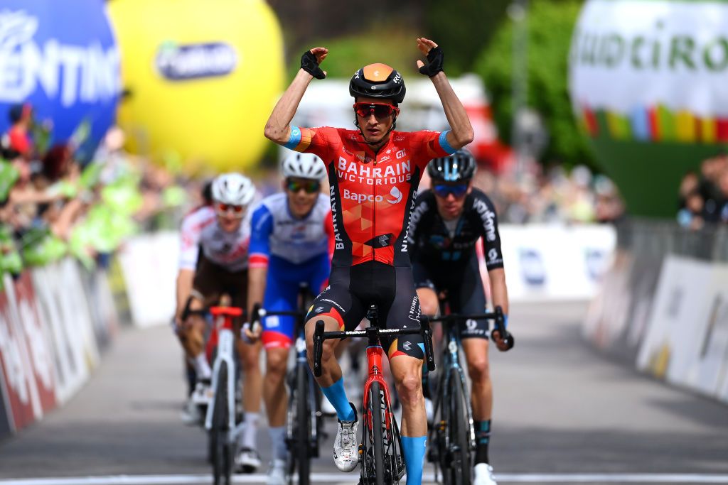 BOLZANO LANA ITALY APRIL 19 Pello Bilbao Lpez De Armentia of Spain and Team Bahrain Victorious celebrates at finish line as stage winner during the 45th Tour of the Alps 2022 Stage 2 a 1541km stage from PrimieroS Martino di Castrozza to Lana TouroftheAlps on April 19 2022 in Bolzano Lana Italy Photo by Tim de WaeleGetty Images