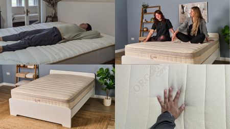 A collage of the mattress testing process: top left, a tester lying on the Saatva Zenhaven. Top right, testers on the Birch Luxe mattress. Top right, a close up of a hand on the PlushBeds Botanical Bliss Mattress. Bottom left, the Birch Luxe mattress in our Sleep Lab.