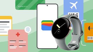 Google Wallet graphic with Pixel Watch overlay