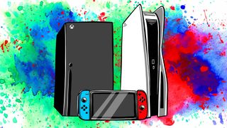 Drawing of an Xbox Series X, PlayStation 5, and Nintendo Switch on a watercolor background.