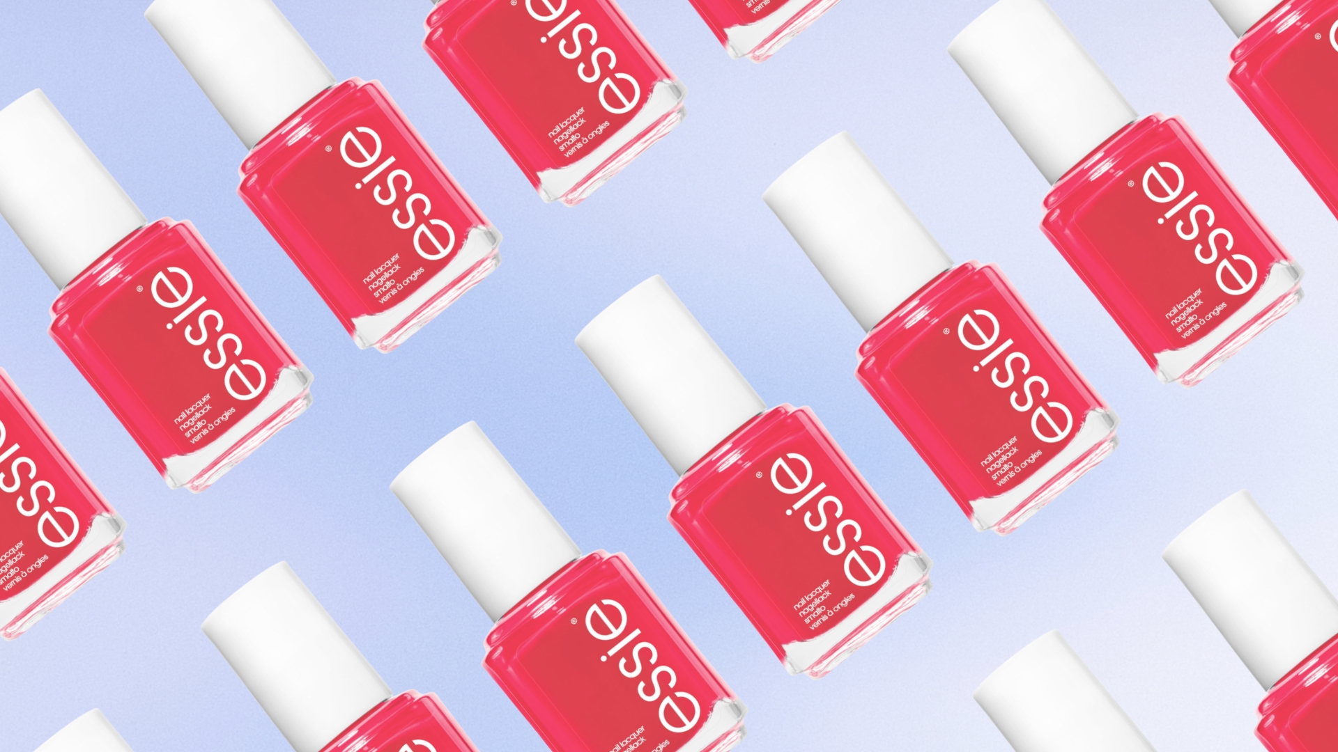 A collage featuring product images of the coral, hot pink essie Peach Daiquiri, in a repeated, diagonal line pattern/ on a blue gradient background
