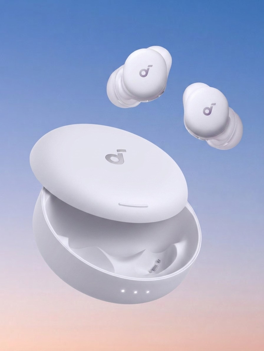 A set of Soundcore a30 Sleep Earbuds against a blue sky background, edited by Gemini