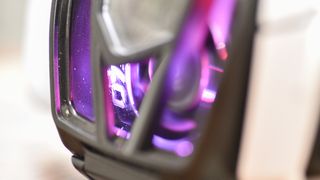Asus ROG Phone 7 Ultimate AeroActive Cooler close up photo showing purple lights and number 07