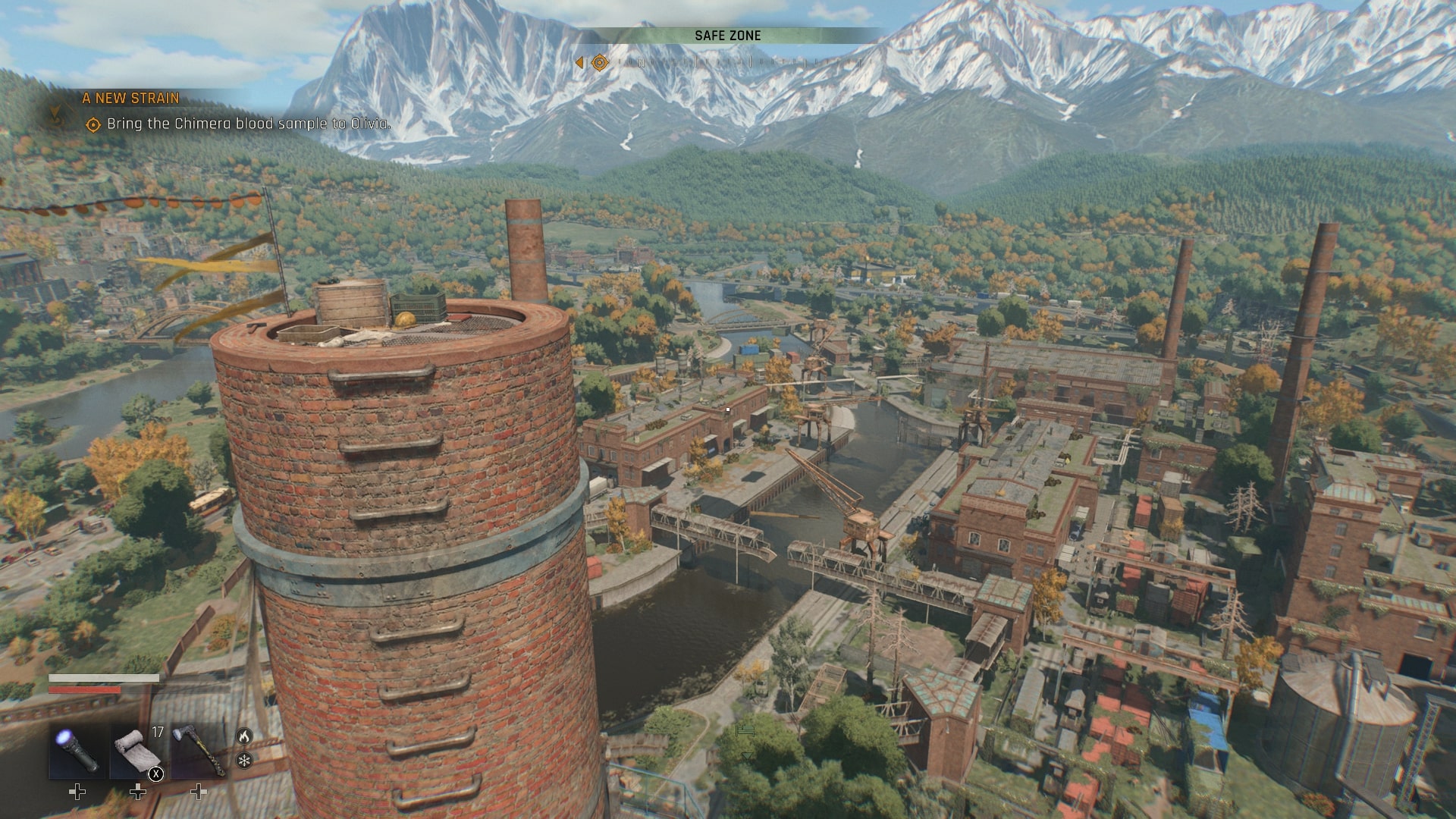 Dying Light: The Beast screenshot from the highest vantage point in the game, looking down over a power plant in Castor Woods